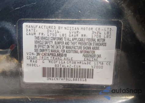 2016 Nissan Versa 1.6 S+ z USA, uszkodzony, nr VIN 3N1CN7AP8GL885518